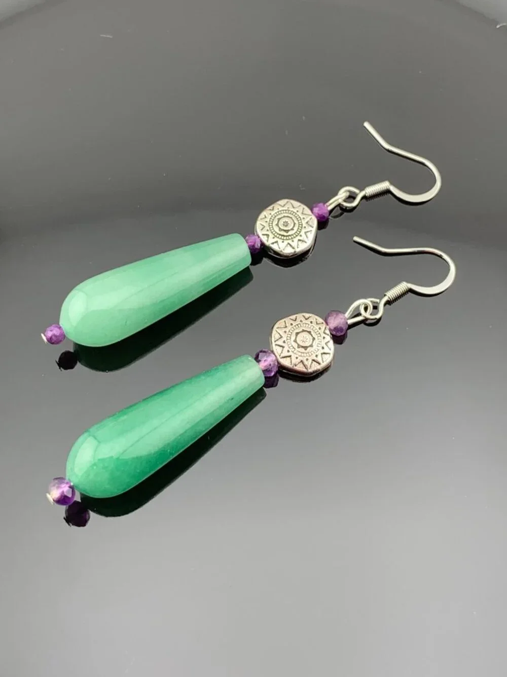 Green Aventurine Purple Amethyst Gemstone Beads Long Handcrafted Earrings LR212
